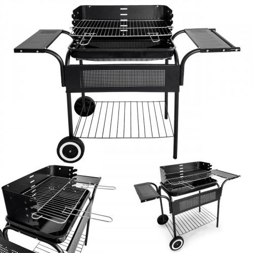Kerti grill, fém polcokkal, állítható rács, görgők