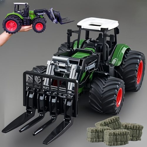 1/24 méretarányú traktor játékkészlet rakodókarral és széna bálákkal